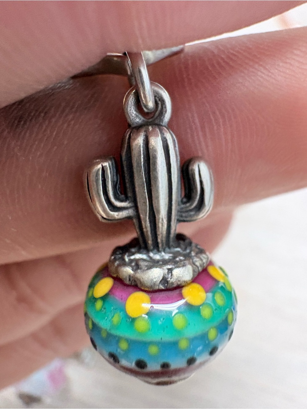 Sterling Silver Cactus Charm with Multicolor Glass charm Retired